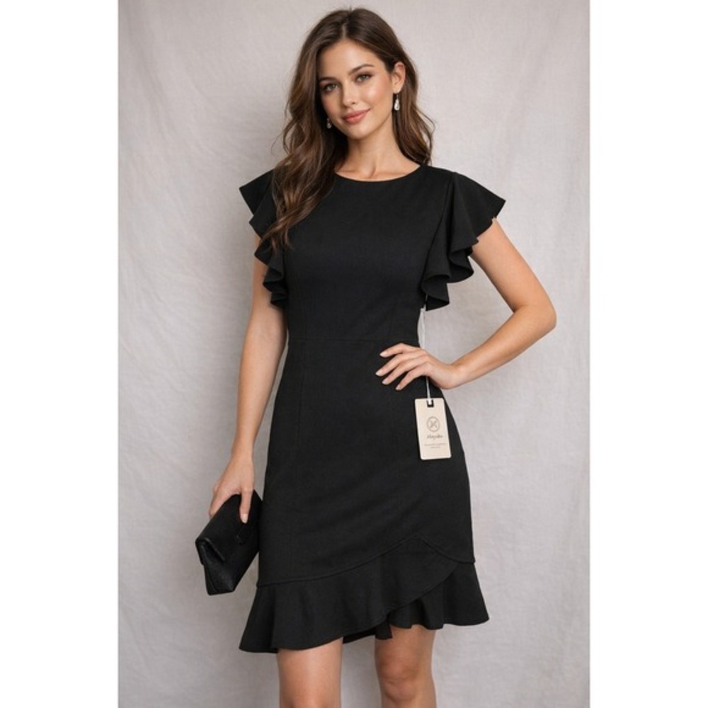 Moyabo Black Ruffle Dress Women M Flutter Sleeve Zip LBD Church‎ Career Cocktail